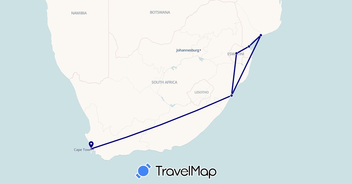 TravelMap itinerary: driving in Mozambique, Swaziland, South Africa (Africa)